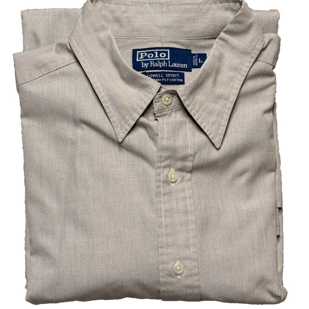 Polo By Ralph Lauren Button Down Men L Shirt Tan Check Lowell Sport 100% Cotton